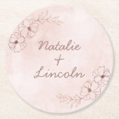赤面ピンク&バラゴールドフォイルフローラモノグラ縁どム ラウンドペーパーコースター (正面)
