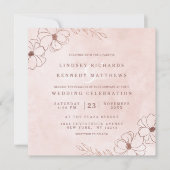 赤面ピンク&バラゴールドフォイルフローラ結婚ズスクエア 招待状 (正面)