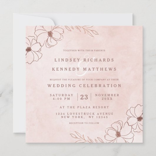 赤面ピンク&バラゴールドフォイルフローラ結婚ズスクエア 招待状 (正面)