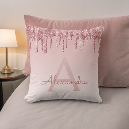 赤面ピンク – バラ金ゴールドスパークルグリッターモノグラム クッション