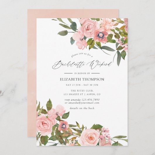 赤面ピンク&バラ金ゴールドバラバチェロレッテ週末 招待状 (正面/裏面)