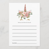 赤面ピンク&バラ金ゴールドフローラユニコーンベビーシャワー アドバイスカード (正面)