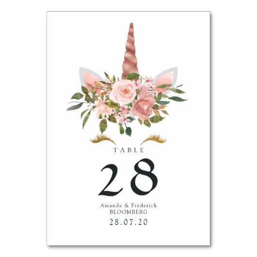 赤面ピンク&バラ金ゴールドフローラユニコーンベビーシャワー テーブルナンバー (正面)