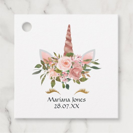 赤面ピンク&バラ金ゴールドフローラユニコーンベビーシャワー フェイバータグ (正面)