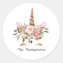 赤面ピンク&バラ金ゴールドフローラユニコーンベビーシャワー ラウンドシール