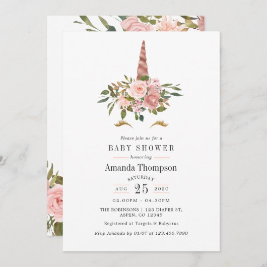 赤面ピンク&バラ金ゴールドフローラユニコーンベビーシャワー 招待状 (正面/裏面)