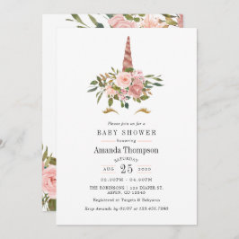赤面ピンク&バラ金ゴールドフローラユニコーンベビーシャワー 招待状