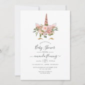 赤面ピンク&バラ金ゴールドフローラユニコーンベビーシャワー 招待状 (正面)