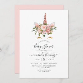 赤面ピンク&バラ金ゴールドフローラユニコーンベビーシャワー 招待状