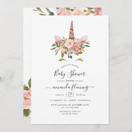 赤面ピンク&バラ金ゴールドフローラユニコーンベビーシャワー 招待状