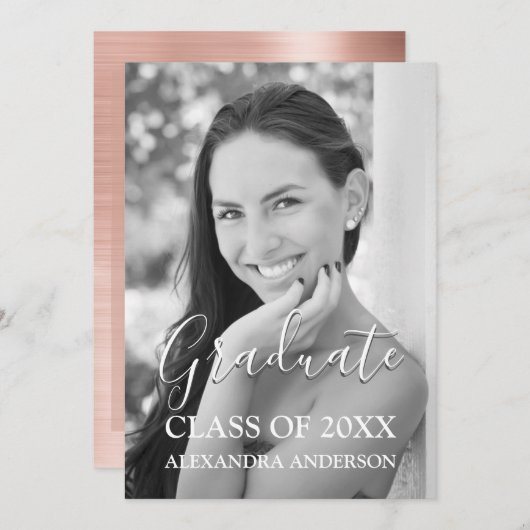 赤面ピンク – バラ金ゴールドモダン卒業パーティー 招待状 (正面/裏面)