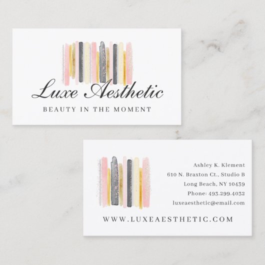 赤面ピンク&バラ金ゴールド水彩ストロ絵を描ック 名刺 (正面/裏面)