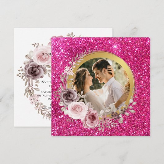 赤面ピンク&バーガンディフローラ金ゴールド緑結婚色 シーズンカード (正面/裏面)