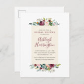 赤面ピンク&バーガンディーレッドフローラブライダルシャワー インビテーションポストカード (正面/裏面)