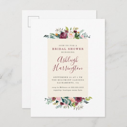 赤面ピンク&バーガンディーレッドフローラブライダルシャワー インビテーションポストカード (正面/裏面)