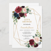 赤面ピンク·バーゴーニュ·ネービー·フローラ·ボホブライダルシャワー 招待状 (正面/裏面)