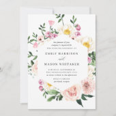 赤面ピンク&パープルフローラユーカリ結婚ス 招待状 (正面)