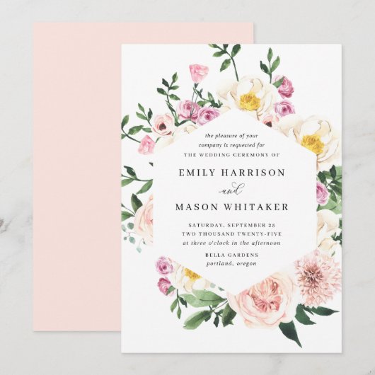 赤面ピンク&パープルフローラユーカリ結婚ス 招待状 (正面/裏面)