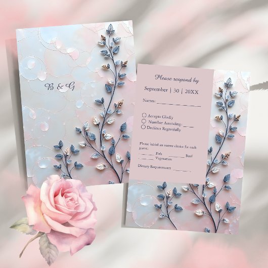 赤面ピンク&パール調ボタニカルブランチ結婚ズ 出欠カード