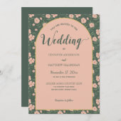 赤面ピンク、ピーチ、緑のアーチ形結婚状 招待状 (正面/裏面)