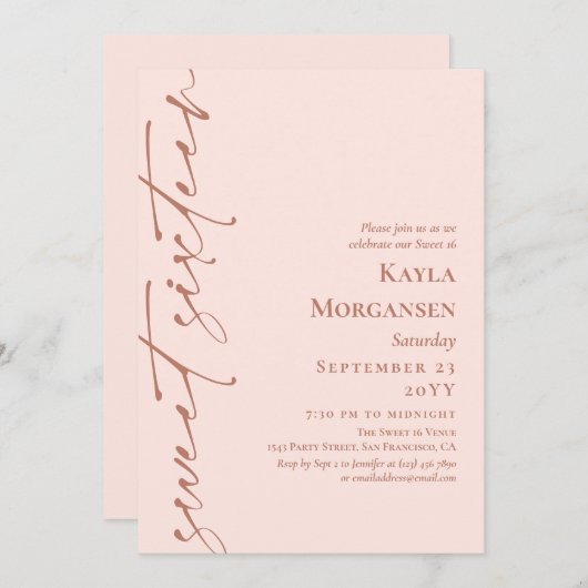 赤面ピンク&ブラス書道スウィート16 招待状 (正面/裏面)