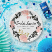 赤面ピンク、ブラックおよび金ゴールドフローラブライダルシャワー ペーパープレート (パーティー)