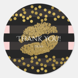 赤面ピンク&ブラックストライプ金ゴールドキス唇 ラウンドシール