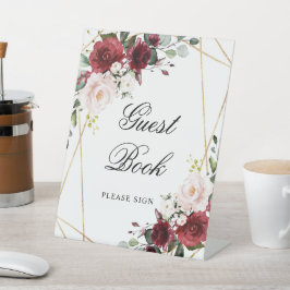 赤面ピンク&ブルゴーニュバラシャワーゲストブックサイン 台座サイン