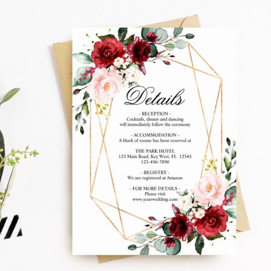 赤面ピンク&ブルゴーニュ結婚の詳細エンクロージャ エンクロージャーカード