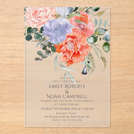 赤面ピンク&ブルーウォーターフローラ結婚ズ アクリル招待状 (正面)