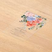 赤面ピンク&ブルーウォーターフローラ結婚ズ アクリル招待状 (レイダウン)