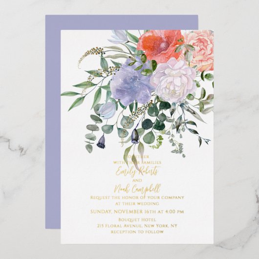 赤面ピンク&ブルー水彩フローラ結婚金ゴールド 箔招待状 (正面/裏面)