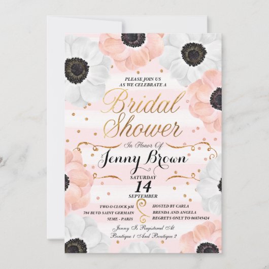 赤面ピンク&ホワイトアネモネフローラブライダルシャワー 招待状 (正面)
