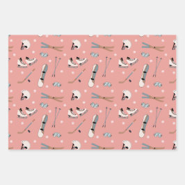 赤面ピンク&ホワイトウィンタースポーツ ラッピングペーパーシート