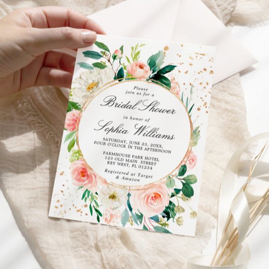 赤面ピンク&ホワイトフラワーズブライダルシャワー 招待状