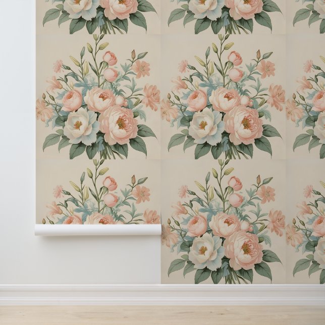赤面ピンク&ホワイトローズヴィンテージフローラリムーバブル 壁紙 (アプリケーション)