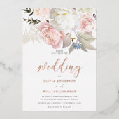 赤面ピンク&ホワイト花バラ金ゴールド結婚ズ 箔招待状 (正面)