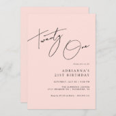赤面ピンク |モダンスクリプガーリート21歳の誕生日 招待状 (正面/裏面)
