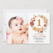 赤面ピンク&レッドフラワーズリース写真1st誕生日 招待状 (正面)