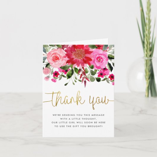 赤面ピンク&レッドフローラ赤ちゃんシャワーありがとう サンキューカード (正面)