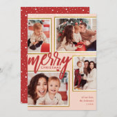 赤面ピンク&レッドメリークリスマス4フォトコラージュ シーズンカード (正面/裏面)