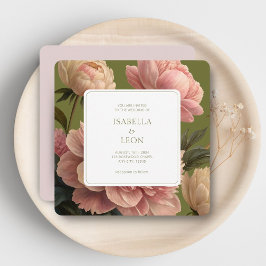 赤面ピンク | ヴィンテージオリーブ&バラ結婚ズ 招待状