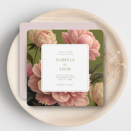 赤面ピンク | ヴィンテージオリーブ&バラ結婚ズ 招待状