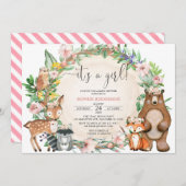 赤面ピンク、女の子の森林動物のベビーシャワー 招待状 (正面/裏面)