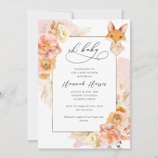 赤面ピンク、桃のフローラとキツネガールベビーシャワー 招待状 (正面)