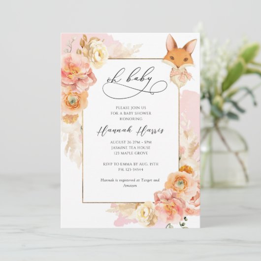赤面ピンク、桃のフローラとキツネガールベビーシャワー 招待状 (スタンド正面)