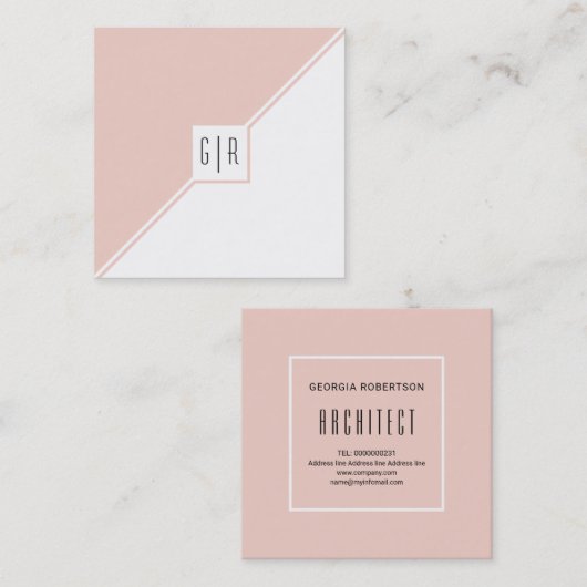 赤面ピンク、白い三角形、モノグラム幾何学的 スクエア名刺 (正面/裏面)