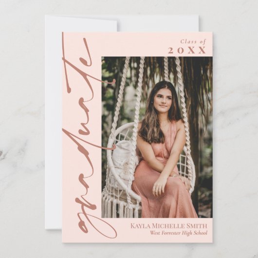 赤面ピンク&真鍮の書道写真卒業 招待状 (正面)