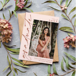 赤面ピンク&真鍮の書道写真卒業 招待状