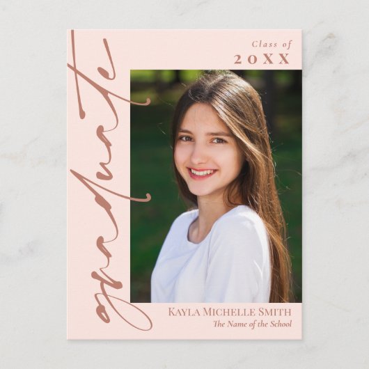 赤面ピンク&真鍮の書道写真卒業 案内ポストカード (正面)